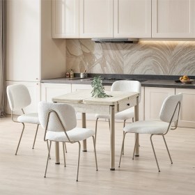 Resim Dengema Neva 89 Açılır Masa Takımı Traverten Desen, 4 Sandalyeli, Krem Kumaş, Kapuçino Metal Ayak Krem 