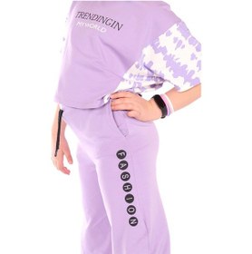 Resim Toontoy Kids Toontoy Kız Çocuk 2'li Takım Baskılı Kısa Kollu Sweatshirt & Beli Lastikli Yırtmaçlı Bol Paça Eşofman Altı - 30/1 Penye Lila 