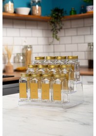 Resim 12'li Şeffaf Merdiven Standlı Cam Baharatlık Seti Gold Kapaklı Etiketli Baharatlık Takım Mh05gld12 Gold - Şeffaf 