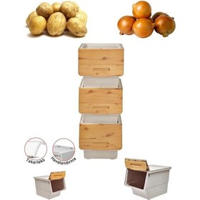 Resim Motek Patateslik Soğanlık Sepeti Oyuncak Kutusu Tekerlekli Organızer Çok Amaçlı Kutu 3x12lt-bambu+krem 