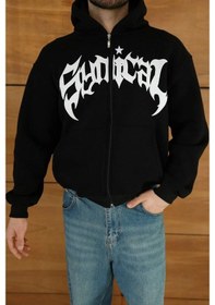 Resim Mzpkartan Erkek Kapüşonlu Sweatshirt Hoodie 3 İplik Şardonlu Pamuklu Kumaş, Önü Baskılı, Fermuarlı Rahat Kalı Siyah 
