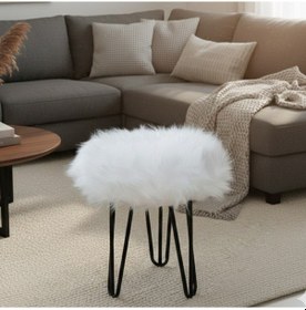 Resim Beyaz Peluş Puf Tabure, Siyah Renk Metal Ayaklı Yumuşak Oturma Pufu 38x37 Cm - Yatak Odası, Salon Pufu Beyaz 