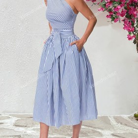 Resim Kemerli Yeşil ve Beyaz Renkli, Omuz Üstü, Cep Detayı, Bahar/Yaz İçin Mükemmel, Yetişkin Modası, Rahat Giyim | Omuz Üstü Elbise | Polyester Kumaş 