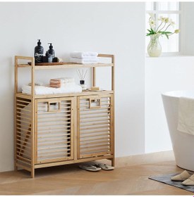 Resim Kirli 2 Kat Organizer Raflı - 2 Bölmeli Önden Çek Aç Kalın Ahşap Bambu Kirli Çamaşır Sepeti 80x33x87cm 5399 Çok Renkli 