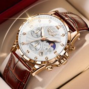 Resim LIGE Elegant Ay Fazı Takvimi Kuvars Saat Gençler ve Yetişkinler İçin - Gül Altın Çinko Alaşımlı Kasa, Kahverengi Suni Deri Kayış, Luminous Dial, İş ve Spor Stili, Sevgililer Günü Hediyesi, Lüks Saat, Ay Fazı Saati, Sophisticated Tasarım, Yüksek Kaliteli El Sanatları 