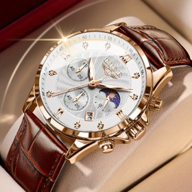 Resim LIGE Elegant Ay Fazı Takvimi Kuvars Saat Gençler ve Yetişkinler İçin - Gül Altın Çinko Alaşımlı Kasa, Kahverengi Suni Deri Kayış, Luminous Dial, İş ve Spor Stili, Sevgililer Günü Hediyesi, Lüks Saat, Ay Fazı Saati, Sophisticated Tasarım, Yüksek Kaliteli El Sanatları 