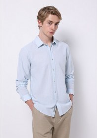 Resim Colins Regular Fit Shirt Neck Düz Erkek Keten Karışımlı Açik Mavi Uzun Kol Gömlek Cl1074501 Q1.v2 Led Lıght Blue Strıped 