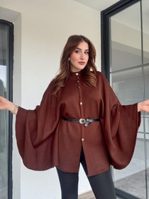 Resim Kemerli düğmeli panço-KAHVERENGİ - STD 