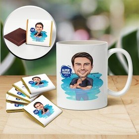 Resim Yüzme Hocası Karikatürlü Kupa ve Çikolata 