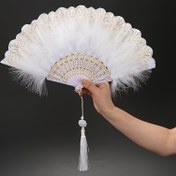 Resim Bir adet Tüy Yelpaze, Moda Retro Güzel Plastik Yelpaze Kemiği Tüy Yapımı Bronz Kenar Yelpaze Şekli Saf El Yapımı Katlanabilir Büyük Yeşim Lotus Kulak Gönder Performans Yürüme Gösteri Dans Dekorasyon Yelpazesi 