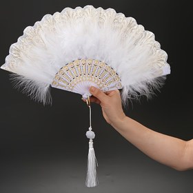 Resim Bir adet Tüy Yelpaze, Moda Retro Güzel Plastik Yelpaze Kemiği Tüy Yapımı Bronz Kenar Yelpaze Şekli Saf El Yapımı Katlanabilir Büyük Yeşim Lotus Kulak Gönder Performans Yürüme Gösteri Dans Dekorasyon Yelpazesi 