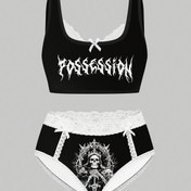 Resim Gotik tarzı kafa kemeri desenli dantel yama detaylı fiyonklu kadın iç çamaşırı seti 