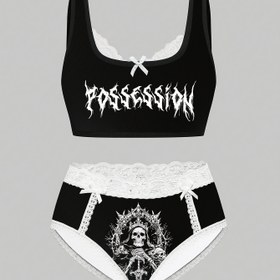 Resim Gotik tarzı kafa kemeri desenli dantel yama detaylı fiyonklu kadın iç çamaşırı seti 