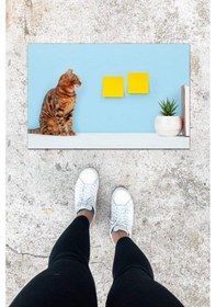 Resim Dijital Baskı Mavi Sarman Kedi Desen Kapı Önü Paspası K-1029 