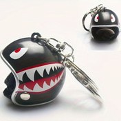 Resim 1 adet Mini Simüle Kask Anahtarlık - Kırmızı Göz ve Beyaz Dişlerle Karikatür İlhamlı Siyah Kask - Dayanıklı Plastik, Yuvarlak Halka Toka - Araba Dekoru veya Hediyeler için İdeal, Kask Aksesuarı, Festif Aksesuar | Oyuncu Tasarım | Dayanıklı Plastik 