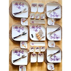 Resim Casa De Bella Mor Çiçek Gold Yaldızlı 47 Parça 6 Kişilik Porselen Kahvaltı Takımı 