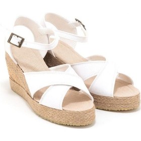 Resim Star Tombis Gerçek Elişi 9cm Topuklu Platformlu Dolgu Topuk Keten Çapraz Sandalet Handmade Beyaz 