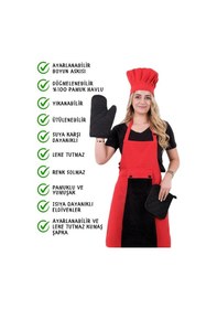 Resim Star Ayar Askılı 5li Mutfak Önlüğü Seti Ayar Askılı Havlulu Önlük, Şapka, Eldiven, Tutacak Kırmızı-siyah-siyah 