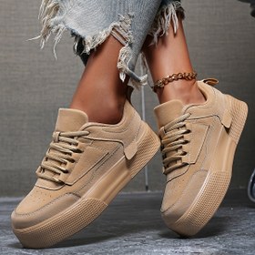 Resim Kadınların Minimalist Düz Renk Dantelli Kaykay Spor Ayakkabıları, Yuvarlak Burun Yüksek Artan Rahat Spor Ayakkabıları, Hafif Tüm Mevsimler İçin Kumaş İçli, EVA Taban, İnsanî Üst Malzeme 