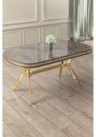 Resim Canisa Olya Serisi 90x168 Mdf Sabit Lak Panel Antrasit İroni Masa Takımı Gold Ayaklı 4 Krem Sandalye Masa Antrasit İroni Krem Sandalye 