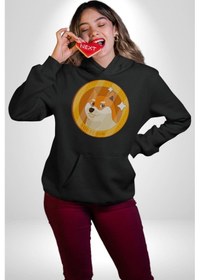 Resim Doge Coin Kadın Erkek Siyah Kapüşonlu Sweatshirt Hoodie Siyah 