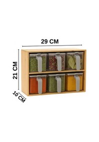 Resim Piev Bambu Standlı Bölmeli Kapaklı Ve Kaşıklı 9 Lu Şeffaf Baharatlık Bakır 