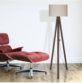 Resim Bej Lambader Kumaş Silindir Başlık Ahşap Kahve Ayak Ly512 