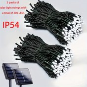 Resim Toplamda 24.08 metrelik 2 adet dış mekan dize ışık seti, 200 LED ışık ile, su geçirmezlik derecesi IP54, koyu yeşil tel güneş enerjili ağaç ışıkları, 8 aydınlatma moduyla, avlu, bahçe, parti ve Noel dekorasyonu için uygun 