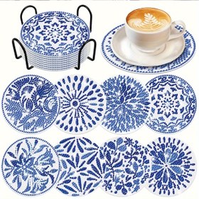 Resim 8 Parça Elmas Boyama Bardak Altlığı Seti, DIY Mavi ve Beyaz Desenli, Yuvarlak Şekil, 10x10cm/3.94x3.94 inç 