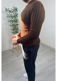 Resim Explode - Erkek Kahve Örgülü Slim Fit Bisiklet Yaka Triko Kazak Kahverengi 
