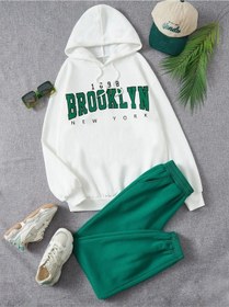 Resim 1898 Brooklyn Eşofman Takımı Beyaz Sweatshirt Yeşil Jogger - Baskılı Oversize Şardonlu Kapüşonlu Beyaz Yeşil 