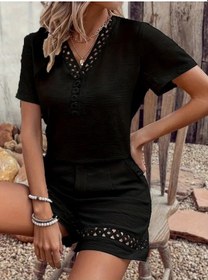 Resim Soonaksesuar Kadın Kısa Kollu V Yakalı Dantel Detaylı Bürümcük Bluz Ve Short Ikili Takım Siyah 