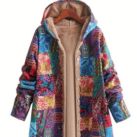 Resim Renkli Paisley & Çiçek Desenli Polar Astarlı Kapüşonlu Kaban - Sıcak, Düğmeli Ön, Uzun Kollu Kadın Dış Giyim, Makinede Yıkanabilir 