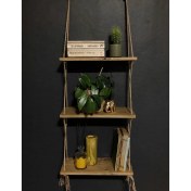 Resim O&A Wood Halatlı Doğal Ahşap Dekoratif Duvar Rafı, 3 Katlı Ahşap Çiçeklik, Retro Hasır Ipli Ahşap 
