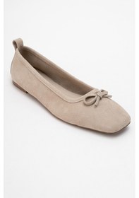 Resim Luvishoes Luvi Shoes Sosa Bej Süet Hakiki Deri Küt Burunlu Fiyonklu Kadın Babet Ayakkabı Bej Süet 