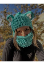 Resim Novaglow Hayvan Figürlü Şapka Puffy Bere Kar Maskesi Kayak&snowboard Balaclava Örgü Bere Örgü Şapka 