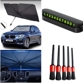 Resim OSMEY 3 LÜ SET ŞEMSİYE MODEL OTO GÜNEŞLİK-NUMARATÖR-5'Lİ DETAY TEMİZLİK FIRÇASI 