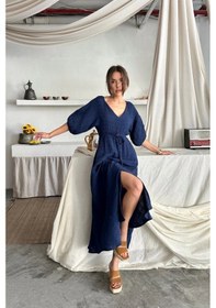 Resim Defymoda V Yaka Bel Boncuk Bağlamalı Müslin Elbise Yırtmaç Detaylı - Lacivert Lacivert 