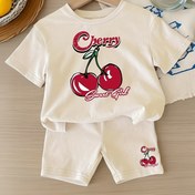 Resim Kızlar için Yaz Modası Desenli Yuvarlak Yaka T-Shirt + Baskılı Pantolon ile İki Parçalı Şort Takımı, Dışarı Çıkma ve Günlük Giyim için Sevimli Yumuşak Rahat Kıyafetler, Dış Mekan için Mükemmel 