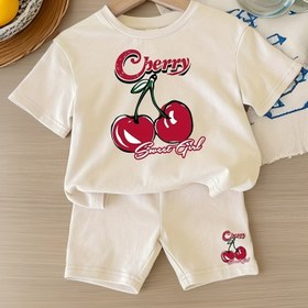 Resim Kızlar için Yaz Modası Desenli Yuvarlak Yaka T-Shirt + Baskılı Pantolon ile İki Parçalı Şort Takımı, Dışarı Çıkma ve Günlük Giyim için Sevimli Yumuşak Rahat Kıyafetler, Dış Mekan için Mükemmel 