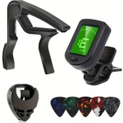 Resim Dijital Tuner, Picks Tutucu ve 5 Picks 0.7mm ile Alaşım Gitar Capo Seti - Akustik, Elektrik Gitarlar, Ukulele, Bas, Keman için Çok Yönlü Capo - Siyah 