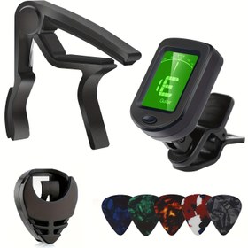 Resim Dijital Tuner, Picks Tutucu ve 5 Picks 0.7mm ile Alaşım Gitar Capo Seti - Akustik, Elektrik Gitarlar, Ukulele, Bas, Keman için Çok Yönlü Capo - Siyah 