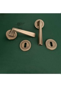 Resim Piramit Mat Antik Sarı Lüx Yuvarlak Rozetli Oda Kapı Kolu 2 Takım 