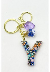 Resim Renkli Nazar Boncuklu Y Harfi Anahtarlık, El Yapımı Hediyelik Çan 