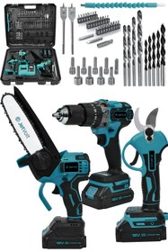 Resim JetVolt 3 lü Set Kömürsüz Motor Çift Akülü Şarjlı Matkap Şarjlı Budama Makası Şarjlı Budama Testeres 