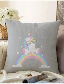 Resim RealHomes Çift Taraflı Gri Zeminde Unicorn Tasarımlı Çocuk Odası Raşel Örme Yastık Kırlent Kılıfı, Sonil-K4368g-43x43cm 