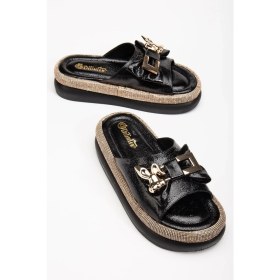 Resim Dilimler Ayakkabı Kadın Taşlı Dolgu Topuk Terlik Siyah Metal Tavşan Aksesuarlı 