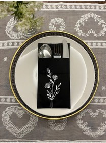 Resim Gümüş Yaldızlı Siyah Cepli Gelincik Çiçeği Peçete 12 Adet 