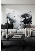 Resim Siyah Doğa Manzarası Desenli Duvar Halısı Duvar Örtüsü Tapestry Süet Dokulu Kumaş 