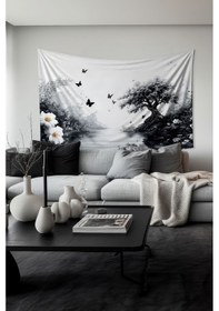Resim Siyah Doğa Manzarası Desenli Duvar Halısı Duvar Örtüsü Tapestry Süet Dokulu Kumaş 
